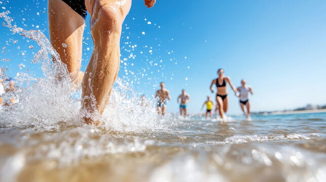 Athletes sprinting into water, splashing joyfully under clear sky - Powered by Adobe