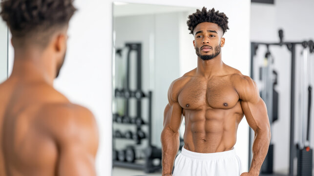 gym goer admiring their reflection in mirror, showcasing fitness