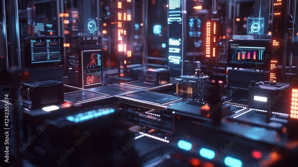 Aufkleber futuristic server room with glowing neon lights and digital displays showing complex data analysis a