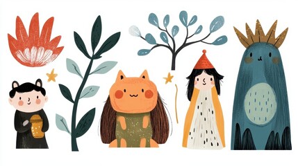Fototapeta premium Whimsical Characters with Animals and Nature Elements in Playful Design