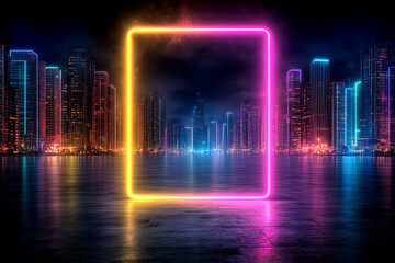 Fototapeta premium A neon sign with a glowing square in the middle of a city. The city is lit up with neon lights and the water is calm