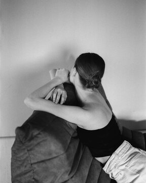 Portrait of a sad woman in the studio on film