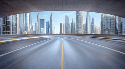 Fototapeta premium modern city skyline with skyscrapers viewed from curved road