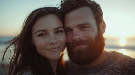 Obraz premium Happy young couple in love, smiling and looking at the camera, generative AI