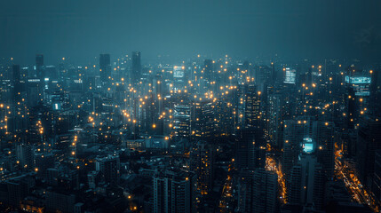 Obraz premium Futuristic smart city skyline at night with glowing lights and skyscrapers