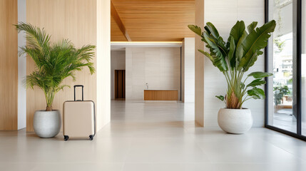 minimalist urban hotel lobby with plants and luggage