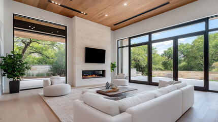 Modern home interior with open space, large windows, and cozy fireplace