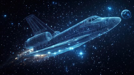 Fototapeta premium Wireframe spaceship soaring through starry cosmos near Earth.