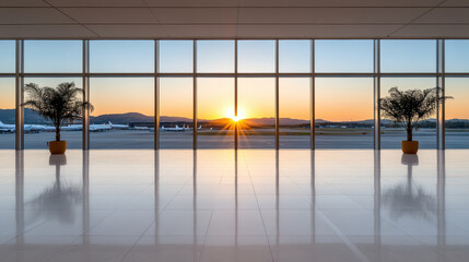 Naklejka premium peaceful sunset at airport terminal with silhouettes of planes