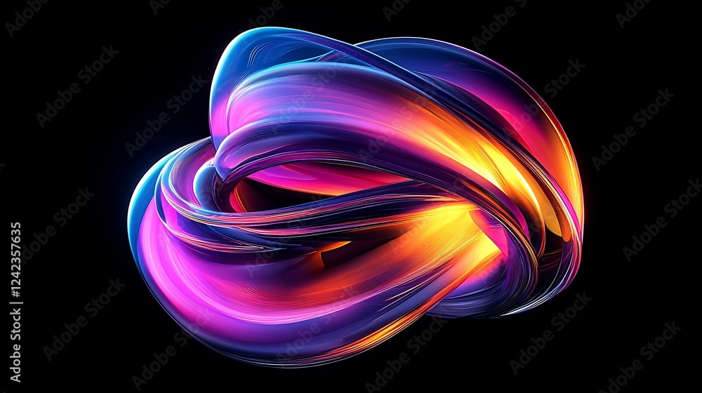 Poster an abstract, colorful 3d shape in motion, shifting in hues to create a dynamic and modern digital ba