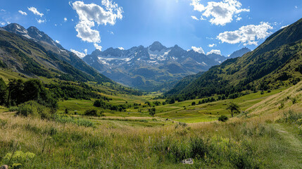 serene mountain landscape with clear blue sky and lush green valleys. majestic peaks rise in background, creating breathtaking view