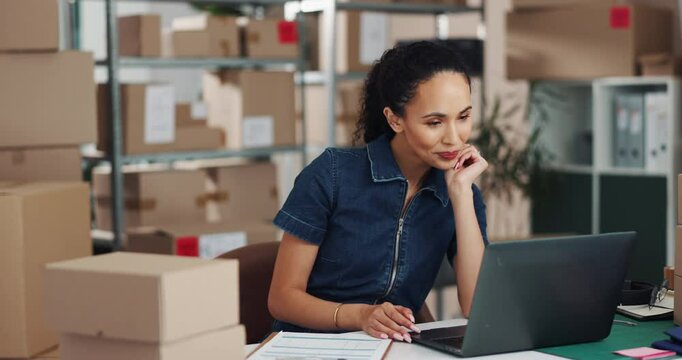 Laptop, smile and supply chain with woman in office for delivery, distribution or shipment management. Box, computer or logistics documents with happy employee in depot to schedule export and import