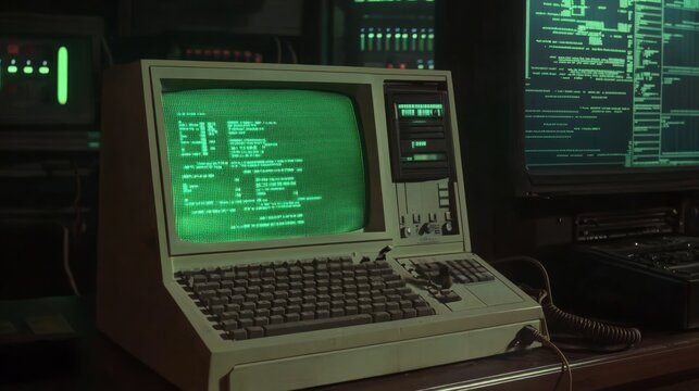 Vintage Computer with Green Screen and Code Displayed in Background