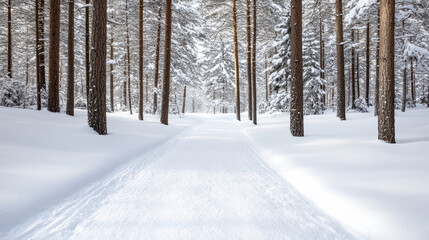 serene snow covered path through tranquil pine forest invites exploration