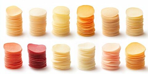 Collection of potato chips stacks, isolated on white background