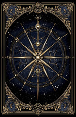 Obraz premium A gold and blue framed image of a compass with a star on it. The compass is surrounded by stars and the frame is gold