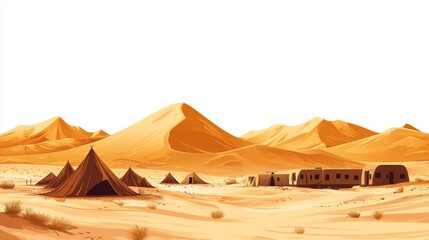 Vibrant Desert Landscape with Tents and Distant Mountains in Flat Style Illustration