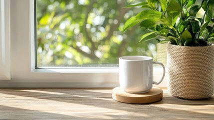 serene kitchen scene with white mug and potted plant by window