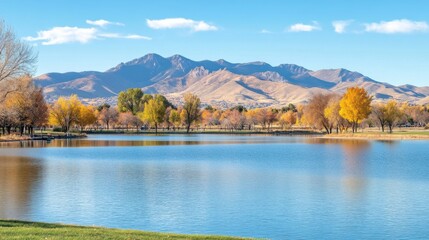 Obraz premium Scenic Lake with Colorful Autumn Trees and Majestic Mountains