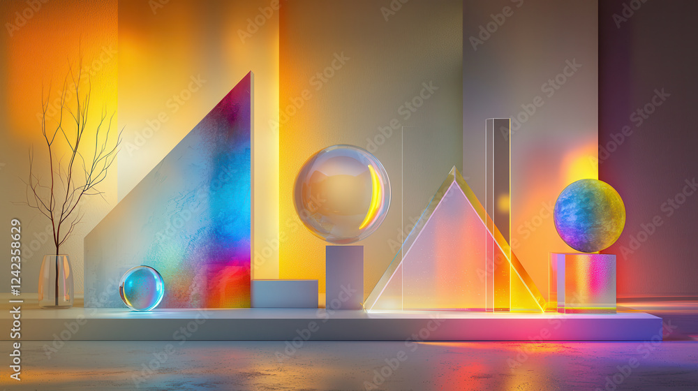 Poster vibrant abstract composition featuring geometric shapes and colorful reflections. scene includes var