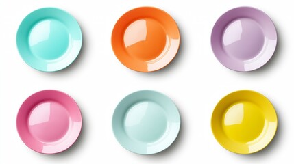 Colorful collection of round plates, isolated on white background