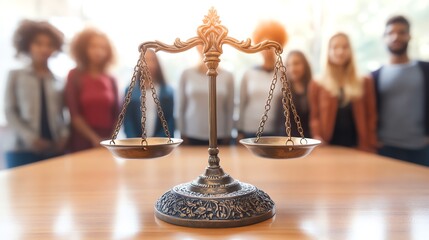 Symbol of justice with diverse people background.