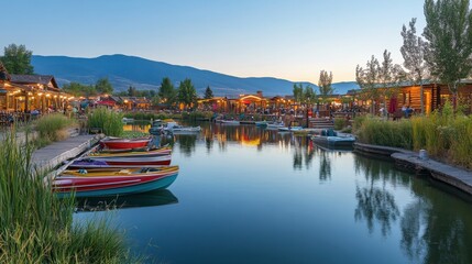 Obraz premium Scenic Riverfront at Dusk with Colorful Boats and Warm Lights