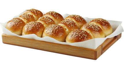 Rows of golden brown steamed buns with sesame seeds on white paper are neatly and elegantly arranged on a wooden tray. white background