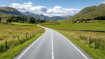scenic road winding through lush green countryside and mountains
