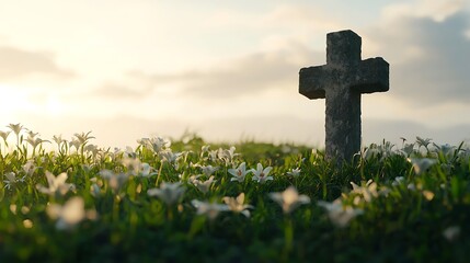 A cross is standing in a field of white flowers