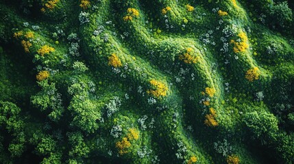 Aerial view of rolling green hills with yellow wildflowers