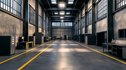 Obraz premium Modern industrial warehouse interior with spacious layout, bright lighting, and organized workstations