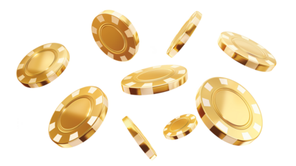 Golden casino chips falling isolated on white and transparent background, cut out png