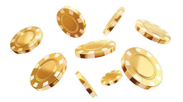 Golden casino chips falling isolated on white and transparent background, cut out png