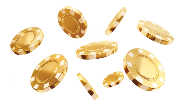 Golden casino chips falling isolated on white and transparent background, cut out png