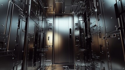 Metallic Door Surrounded by Digital Panels in a Futuristic Space