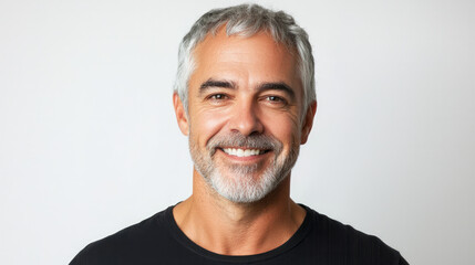 Obraz premium Portrait of a handsome, smiling mature man with gray hair and a short beard, generative AI