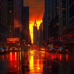 Fototapeta premium Vibrant Sunset Over Bustling Urban Cityscape with Glowing Skyscrapers and Neon Reflections