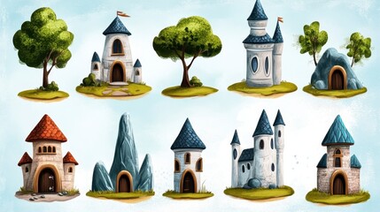 Charming Fantasy Houses and Structures in a Whimsical Landscape