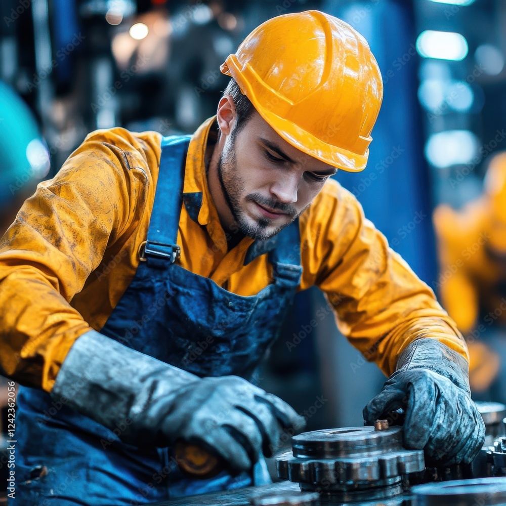 Poster man in yellow jacket and blue overalls working on machinery in factory setting