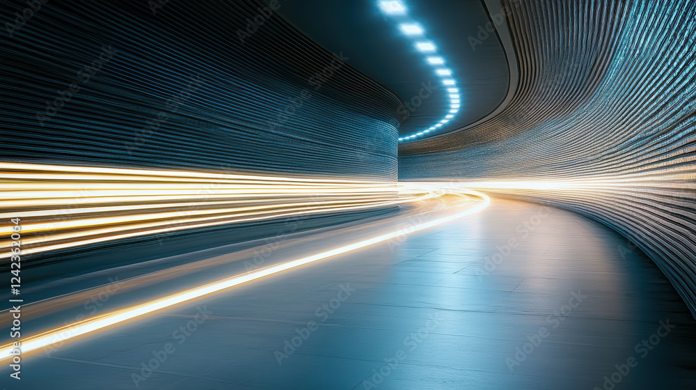 Poster long exposure of moving car lights in modern tunnel creates dynamic patterns