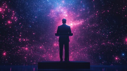 Fototapeta premium Businessman giving speech against cosmic backdrop.
