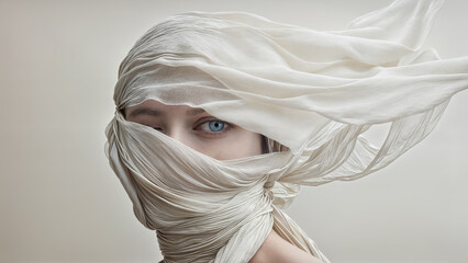Portrait of a woman with piercing blue eyes, wrapped in flowing white fabric, ethereal and mysterious, minimalist composition, soft neutral tones, artistic and surreal.