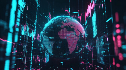 Obraz premium Futuristic digital hologram of a rotating globe, illuminated in glowing neon blue and pink light, representing global connectivity and technology