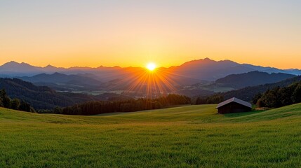 Obraz premium Tranquil Sunrise Scene at a Serene Egg Farm with Rustic Charm and Swaying Wheat Fields