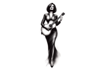 Naklejka premium A woman in a black dress is holding a guitar. The image is black and white. The woman is playing the guitar and she is in a dance-like pose. Scene is elegant and artistic