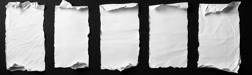 Five torn white papers on black background; mockup