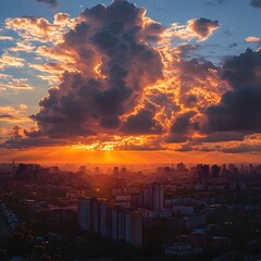 Fototapeta premium Dramatic Sunset Illuminates a Vibrant Cityscape with Fluffy Clouds and Cinematic Lighting