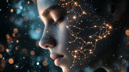 Obraz premium A conceptual portrait of a person’s face transforming into a constellation map, with glowing stars scattered across their skin, soft cosmic light casting subtle shadows
