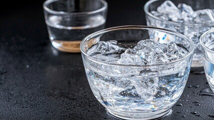 Sparkling Water with Ice Cubes in Glass Bowls  Refreshing Drink